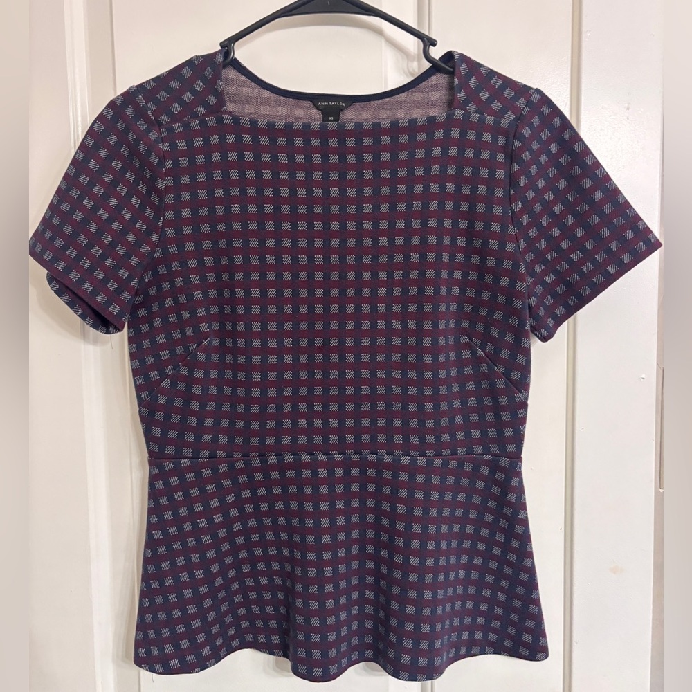 Ann Taylor Red, White, and Dark Blue Checkered Peplum Short Sleeve Top, size XS